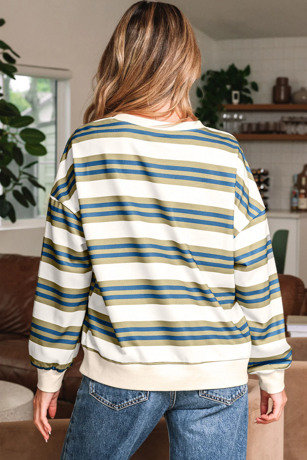 Threaded Pear Rose Stripe Crew Neck Pullover Sweatshirt - Image 2