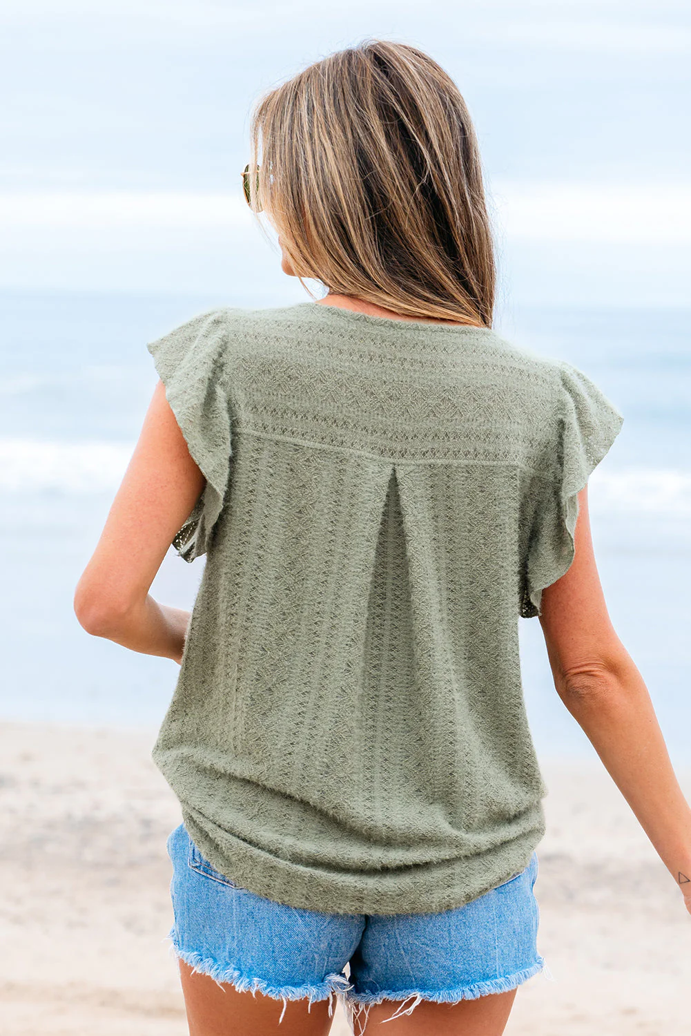 Threaded Pear Ruthie Flutter Sleeve Lace V Neck Top - Image 2