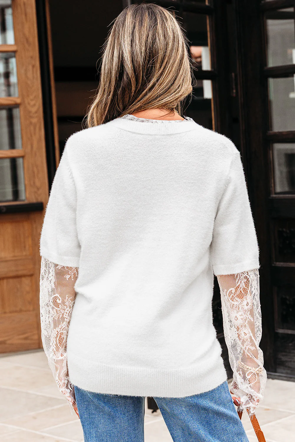 Threaded Pear Samantha Lace Sleeve Two-piece Fuzzy Sweater - Image 2