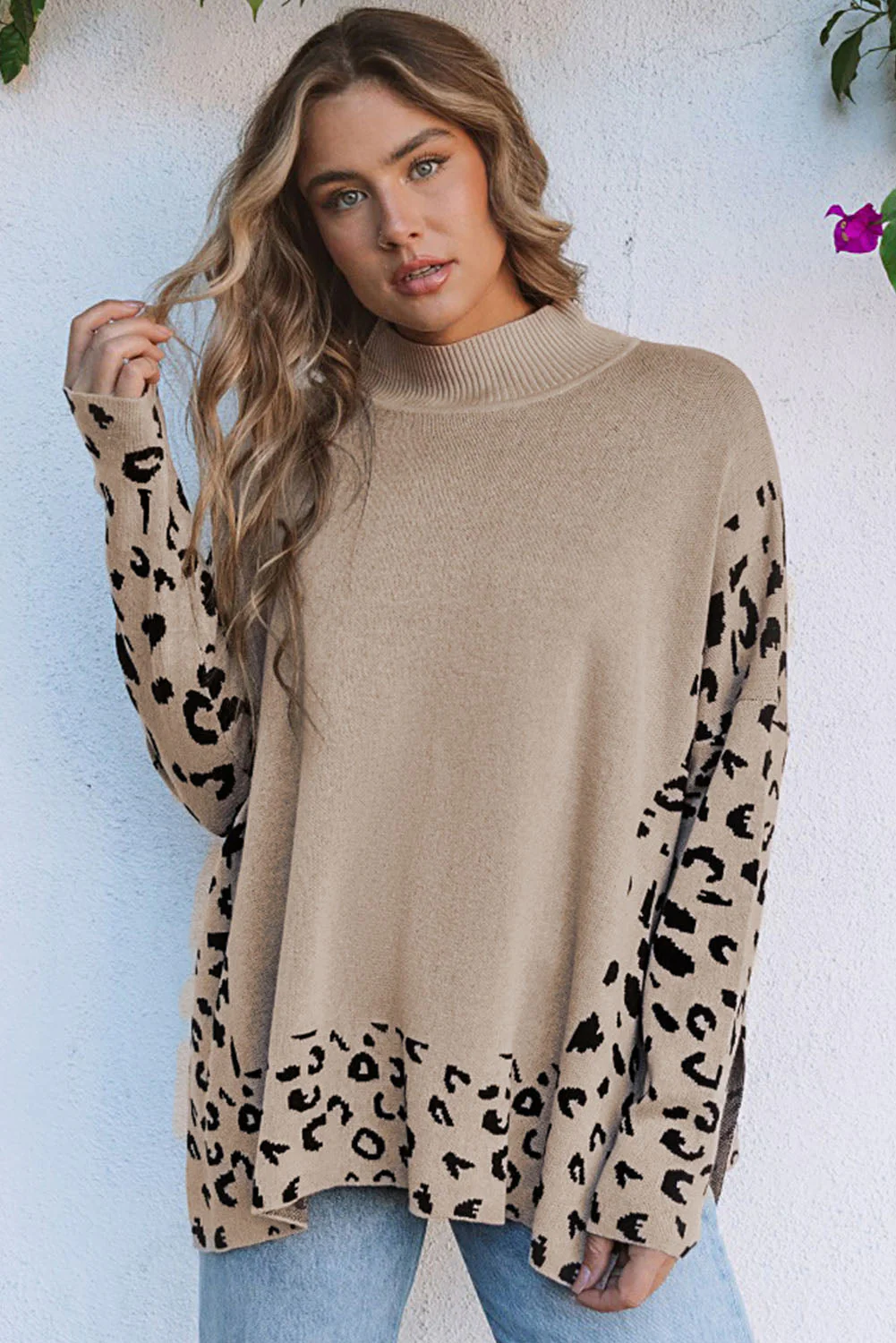 Threaded Pear Sarai Leopard High Neck Side Slit Oversized Sweater - Image 3