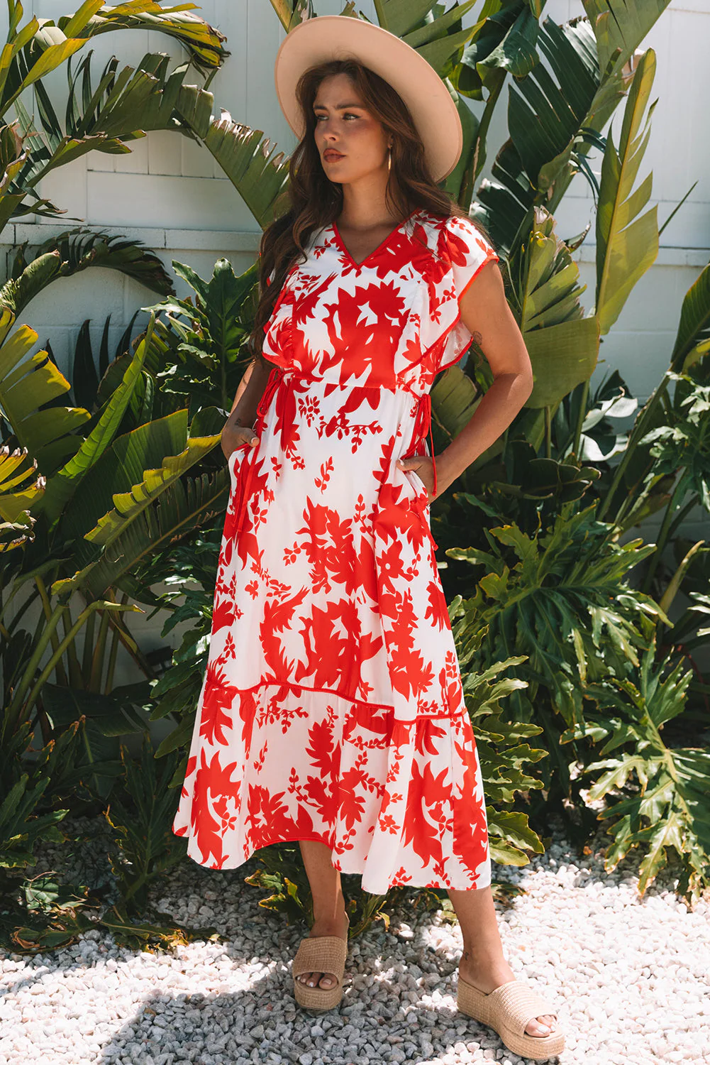 Threaded Pear Scarlett Floral Trimmed V Neck Ruffle Sleeve Long Dress