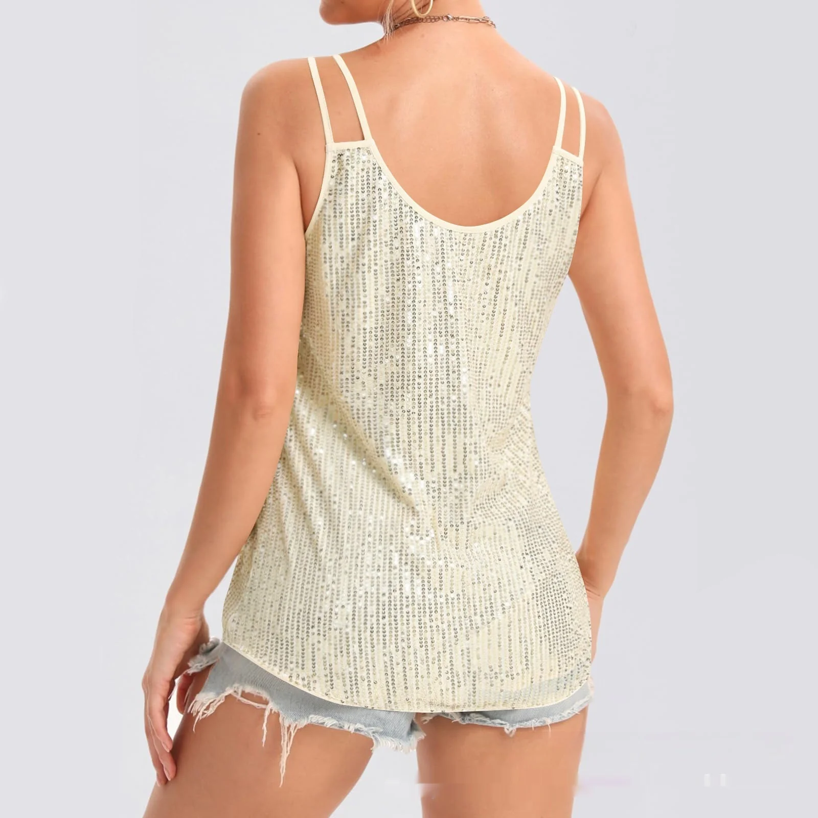 Sequin V-Neck Camisole – Rhinestone Strap Sparkly Top - Image 15