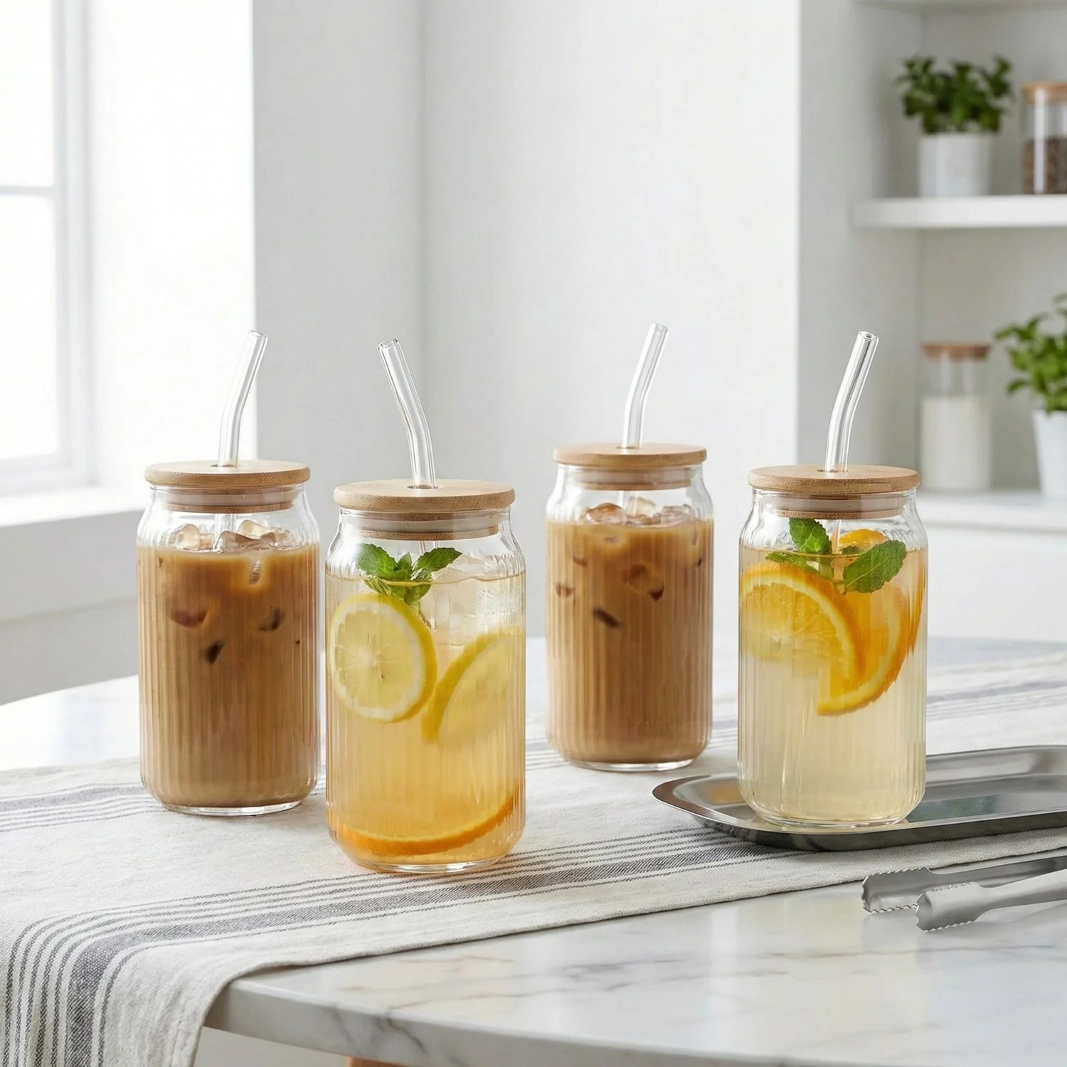 Jay Companies Set Of 4 Ribbed Glass Sippers - 18Oz. With Bamboo Lid - Image 3