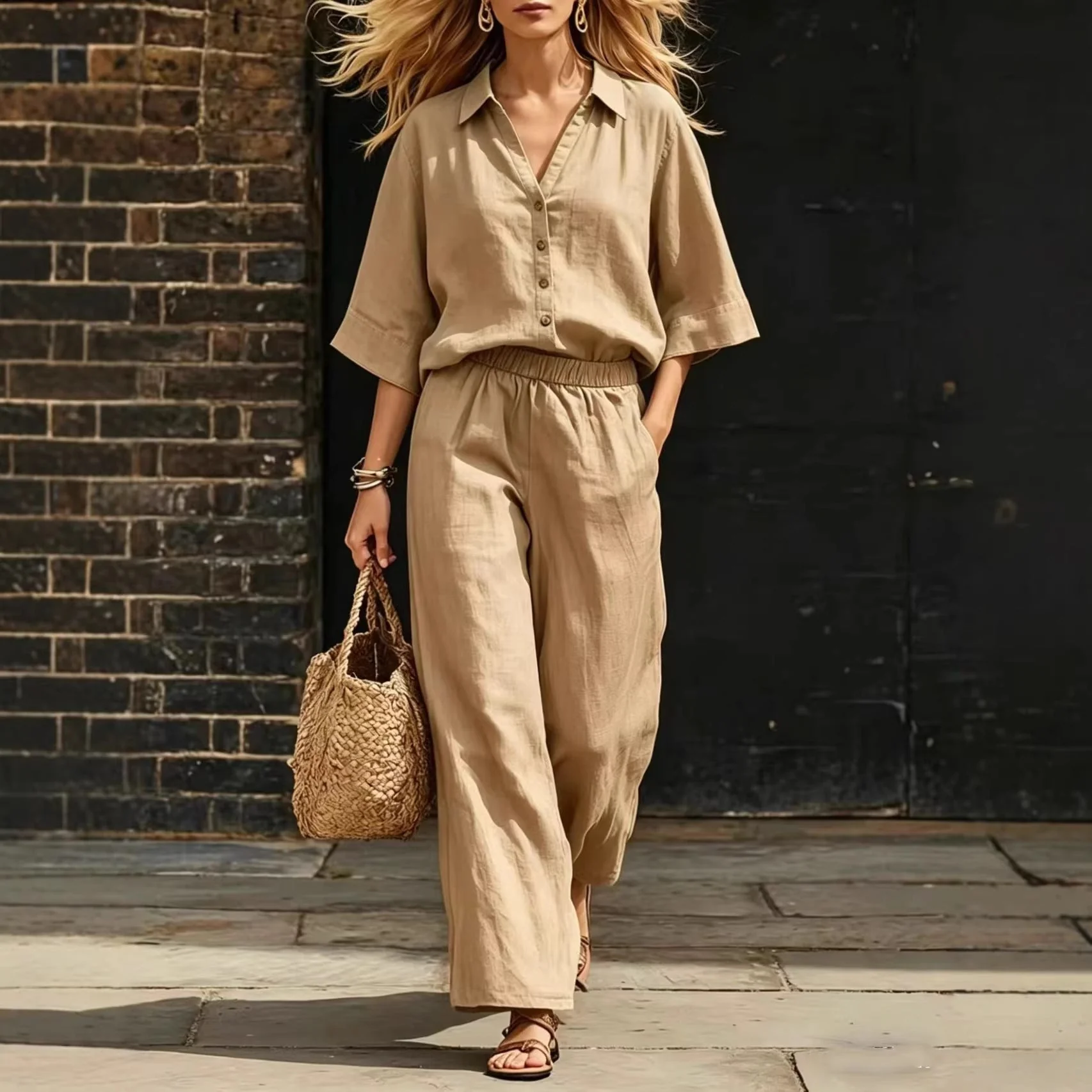 Short-Sleeve Shirt & Loose Pants Set – Casual Two-Piece - Image 4