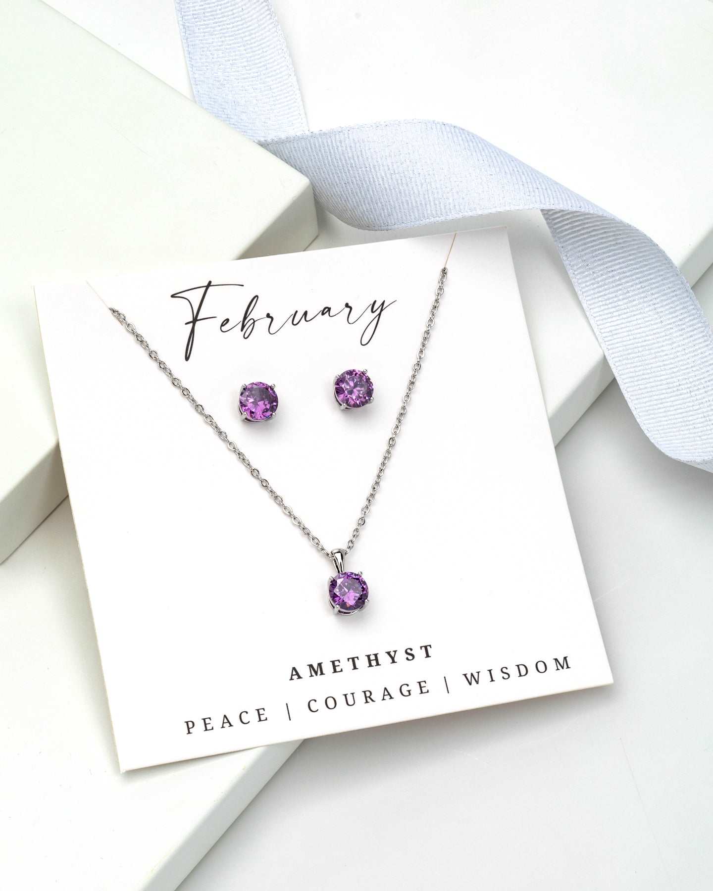 Silver Amethyst - February Swarovski Crystal Necklace Earrings – Cz Birthstone Stud Earring Circular Pendant Set By callura