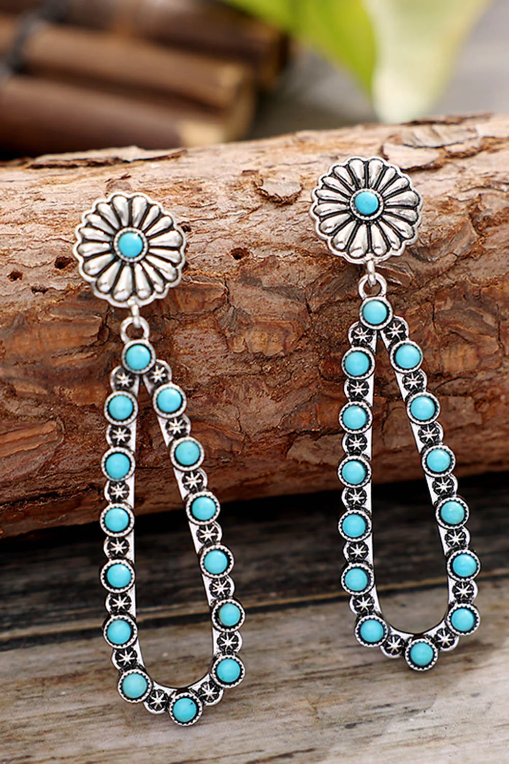 Silver Flower Turquoise Western Fashion Earrings - Image 2