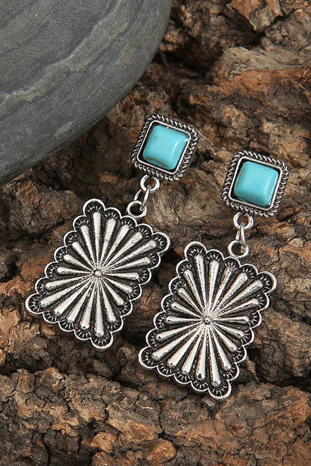 Silvery Retro Western Geometric Turquoise Stud Earrings - Image 3