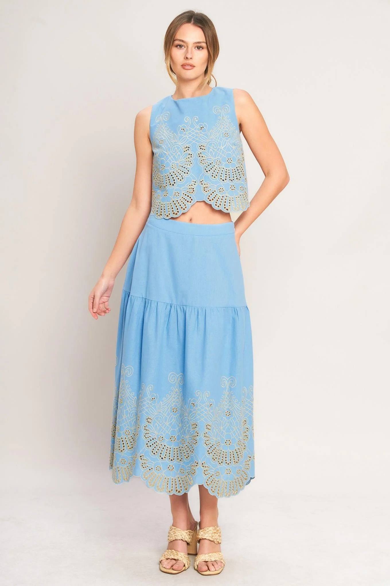 Sky Bloom Woven Eyelet Midi Skirt - Image 5