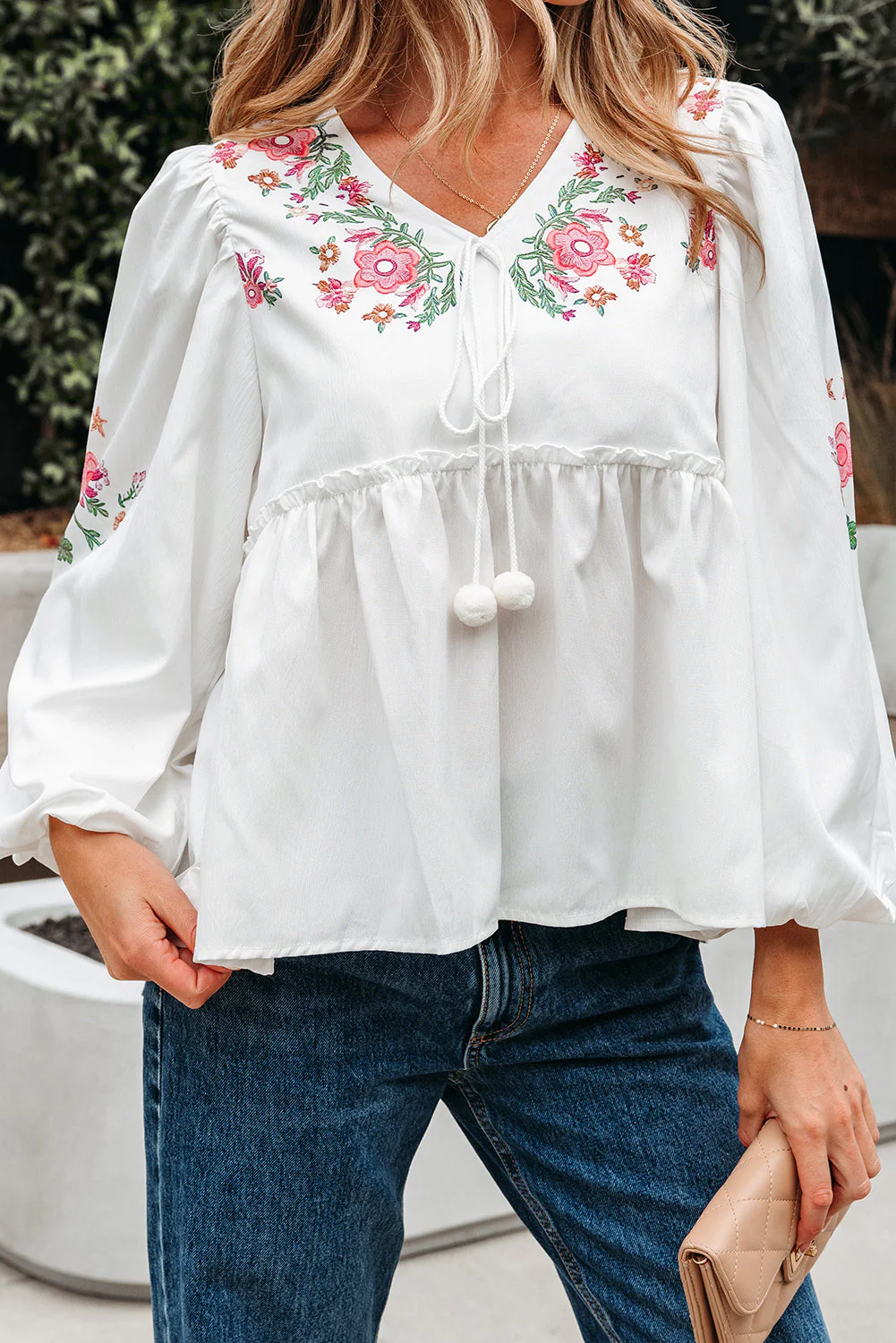 Threaded Pear Skylar Flower Lace-up Babydoll Blouse - Image 6