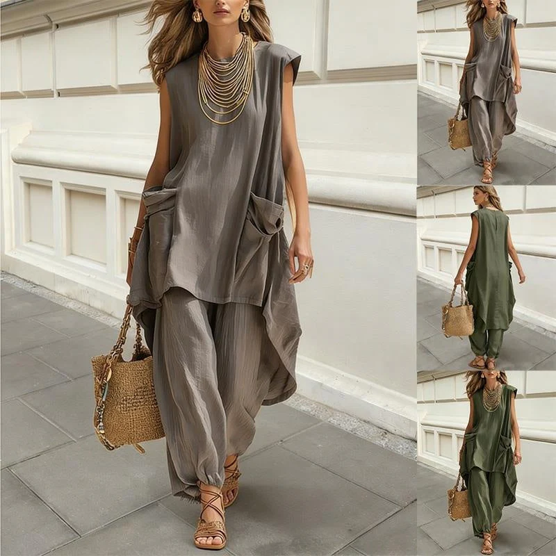 Sleeveless 3D-Cut Resort Two-Piece Set | Top & Pants - Image 2