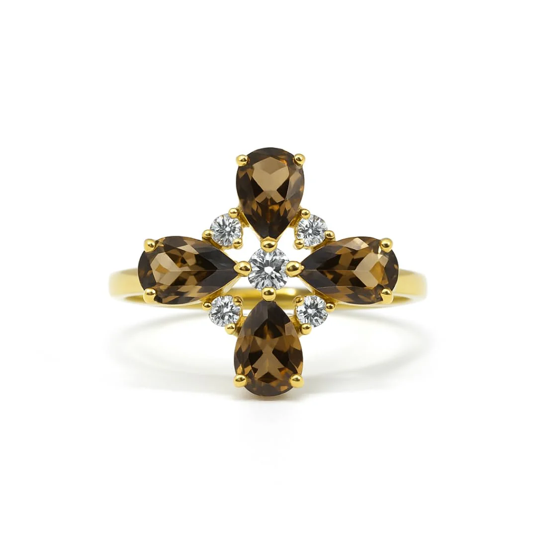 Smoky Quartz Ring Clover Jewelry for Women 1.39 Carats Smoky Quartz Rings for Women 14K Yellow Gold Plated over Sterling Silver Goodluck Four Leaf Clover Ring Gift - Image 2