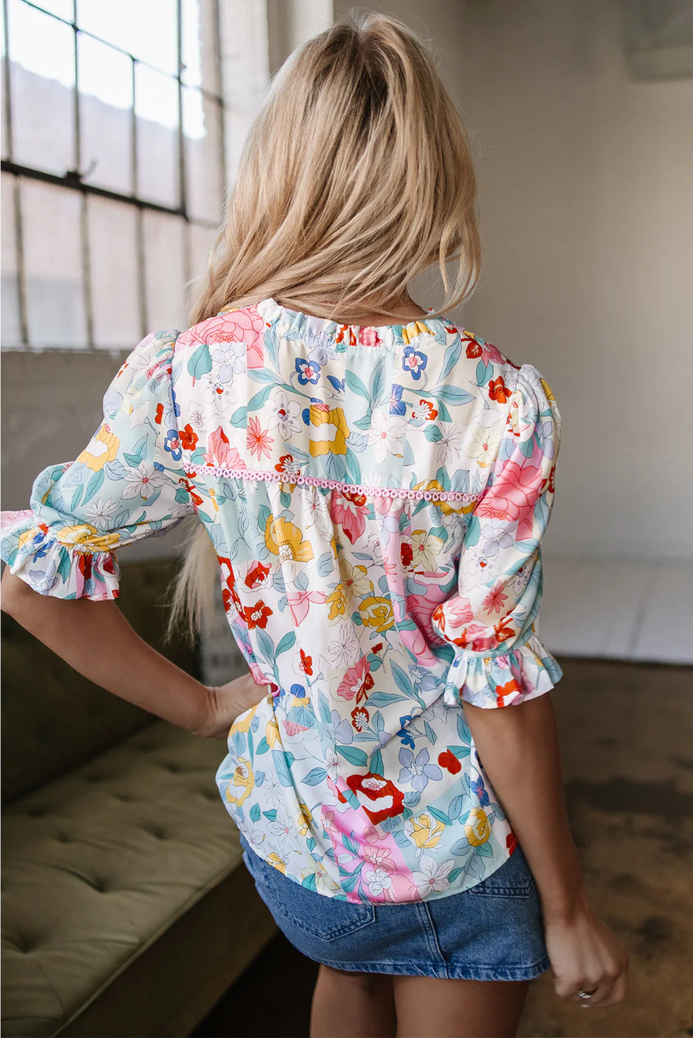 Threaded Pear Solana Boho Flower Half Puff Sleeve Blouse - Image 2