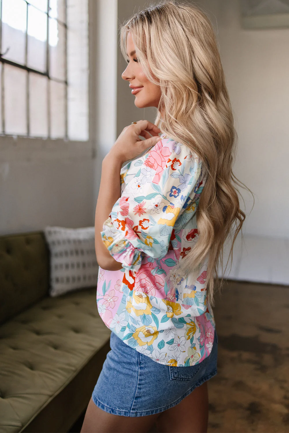 Threaded Pear Solana Boho Flower Half Puff Sleeve Blouse - Image 3