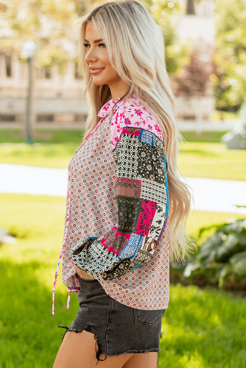 Threaded Pear Solirina Shoulder Bubble Sleeve Blouse - Image 3