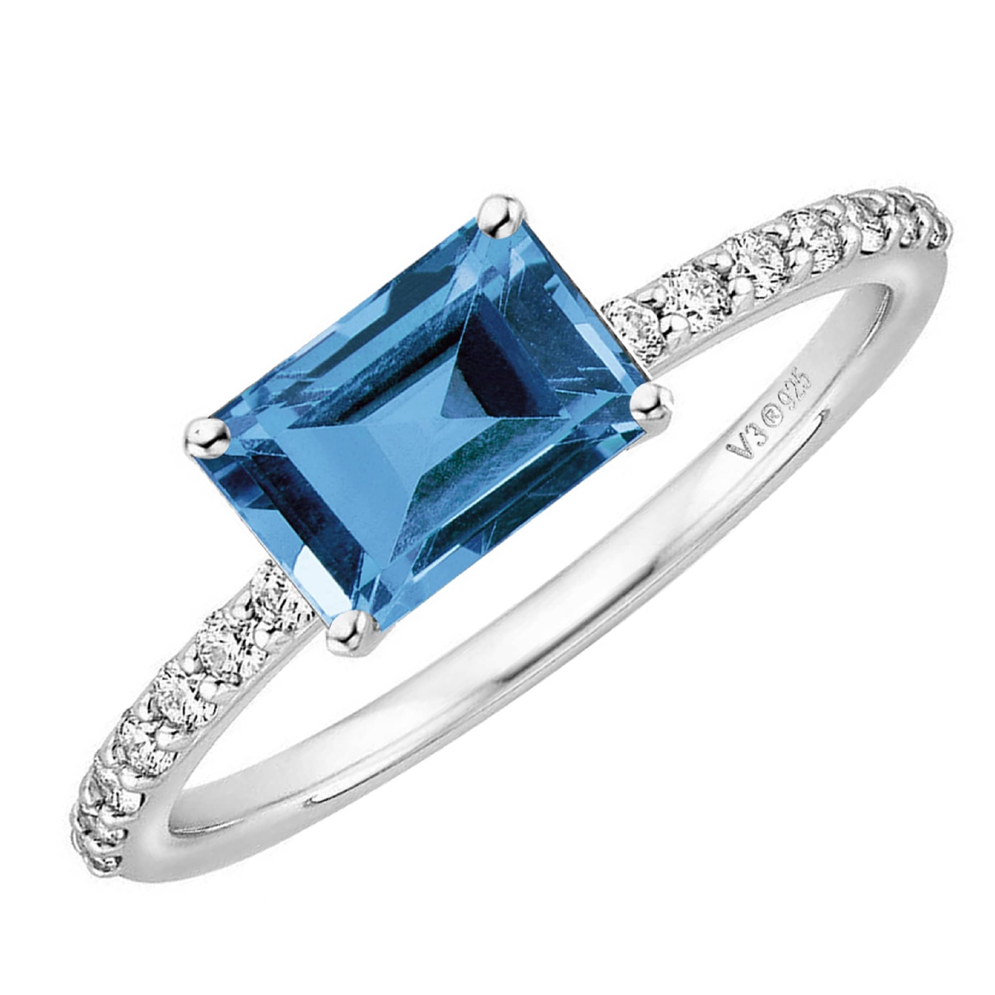 Sterling Silver Emerald Cut Natural London Blue Topaz and White Topaz Engagement Ring - Image 12