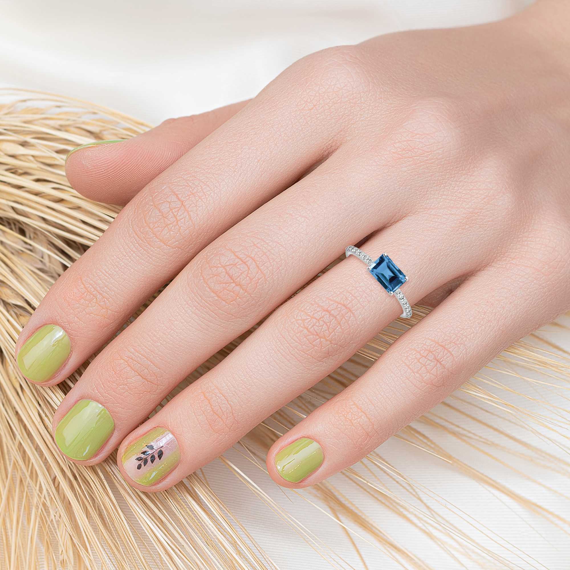 Sterling Silver Emerald Cut Natural London Blue Topaz and White Topaz Engagement Ring - Image 4