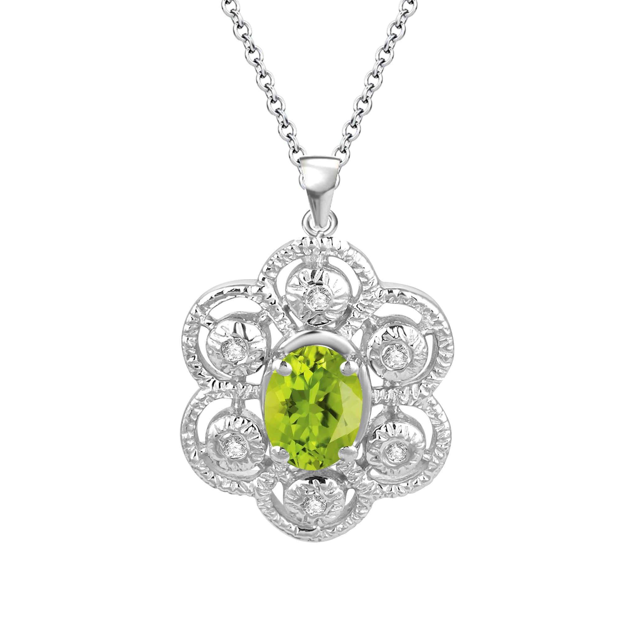 Sterling Silver Natural Peridot and White Topaz Floral Pendant with 18" Cable Chain - Image 2