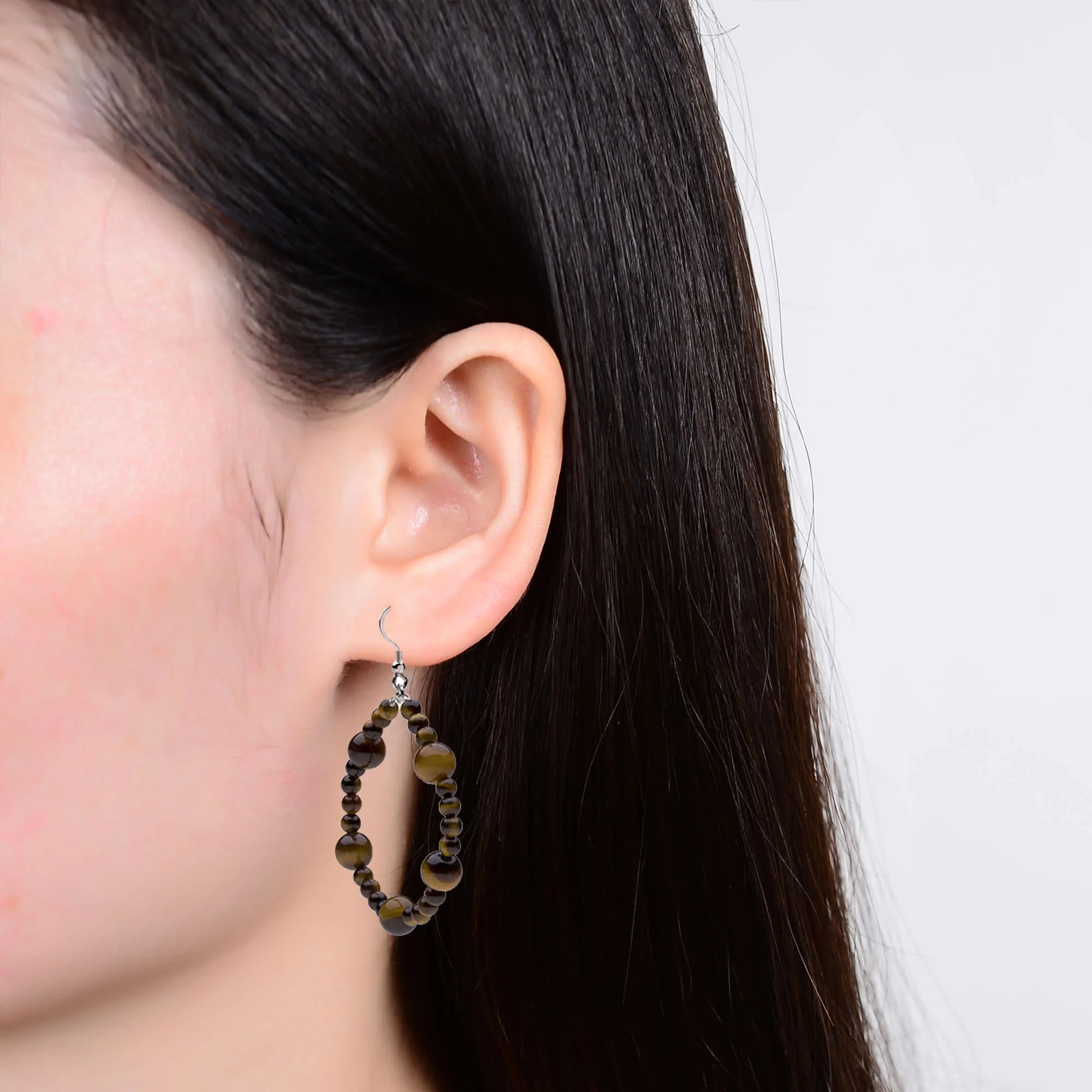 Sterling Silver Natural Tiger Eye Beads Hoop Earrings - Image 3