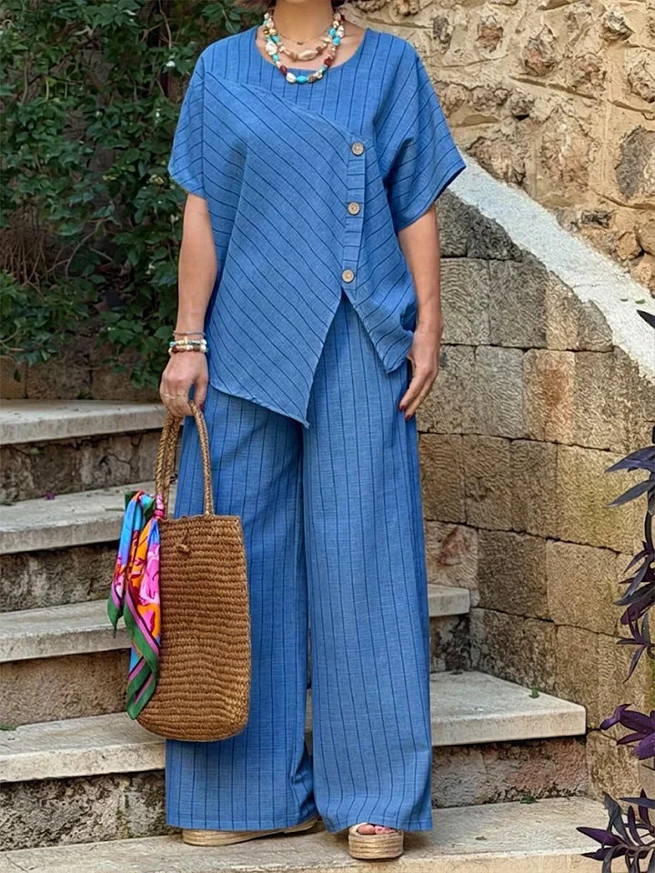 Striped Shirt & Loose Pants Set – Three-Quarter Sleeve Two-Piece - Image 7
