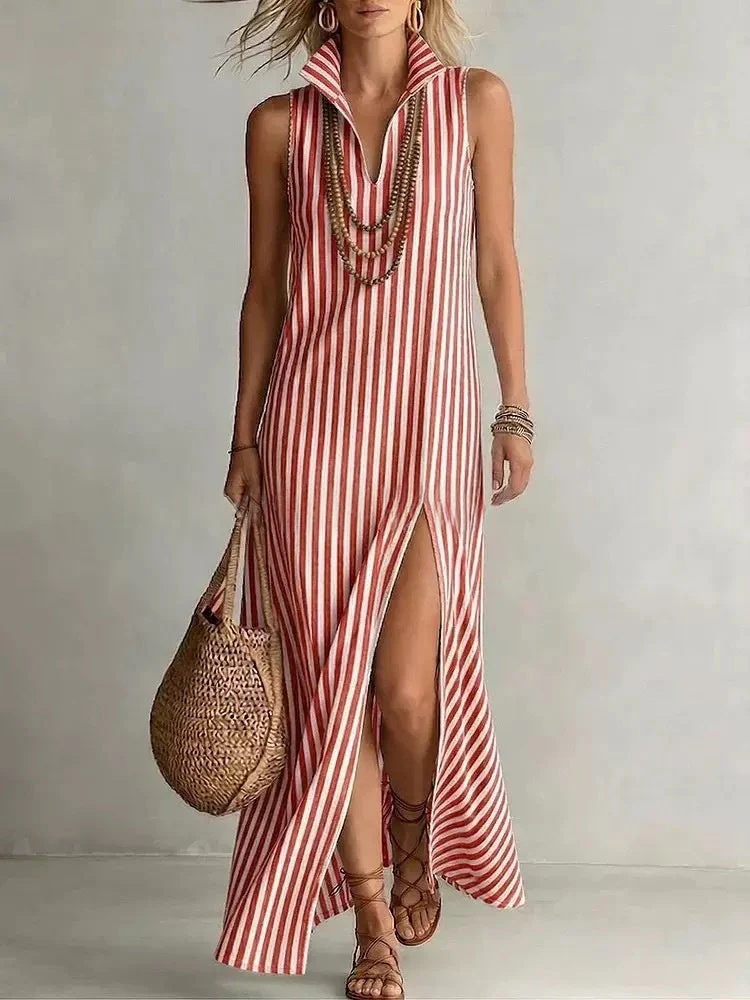 Striped Stand Collar Side-Slit Sleeveless Maxi Dress – A-Line Cami - Image 11