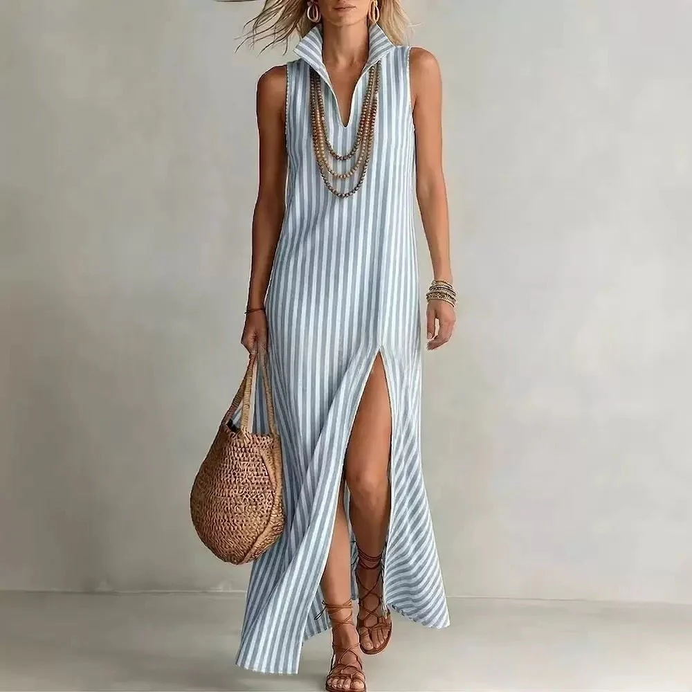 Striped Stand Collar Side-Slit Sleeveless Maxi Dress – A-Line Cami - Image 5