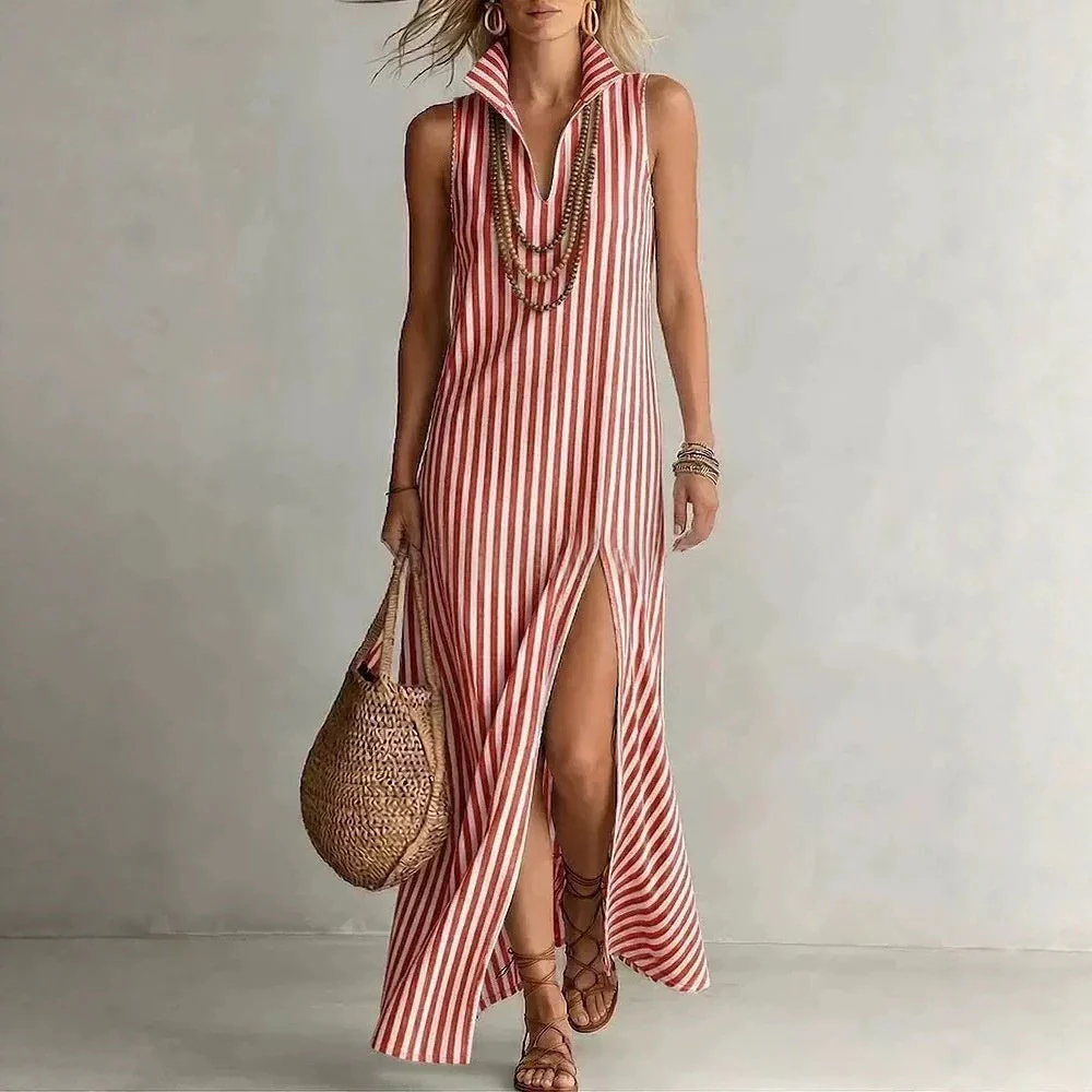 Striped Stand Collar Side-Slit Sleeveless Maxi Dress – A-Line Cami - Image 7
