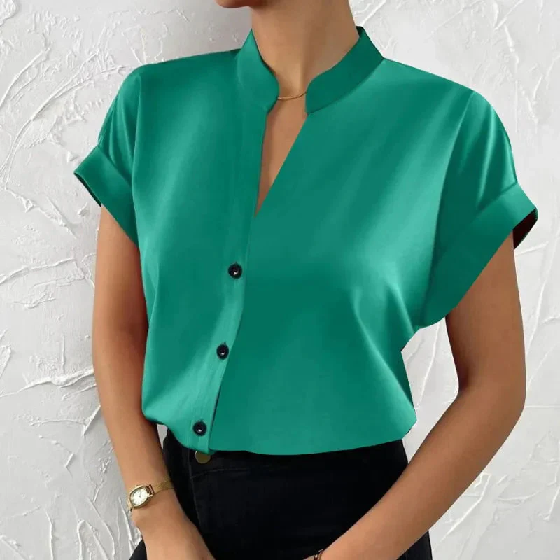 🧡 Summer Women's Satin V-Neck Short Sleeve Shirt – Elegant Casual Wear - Image 11