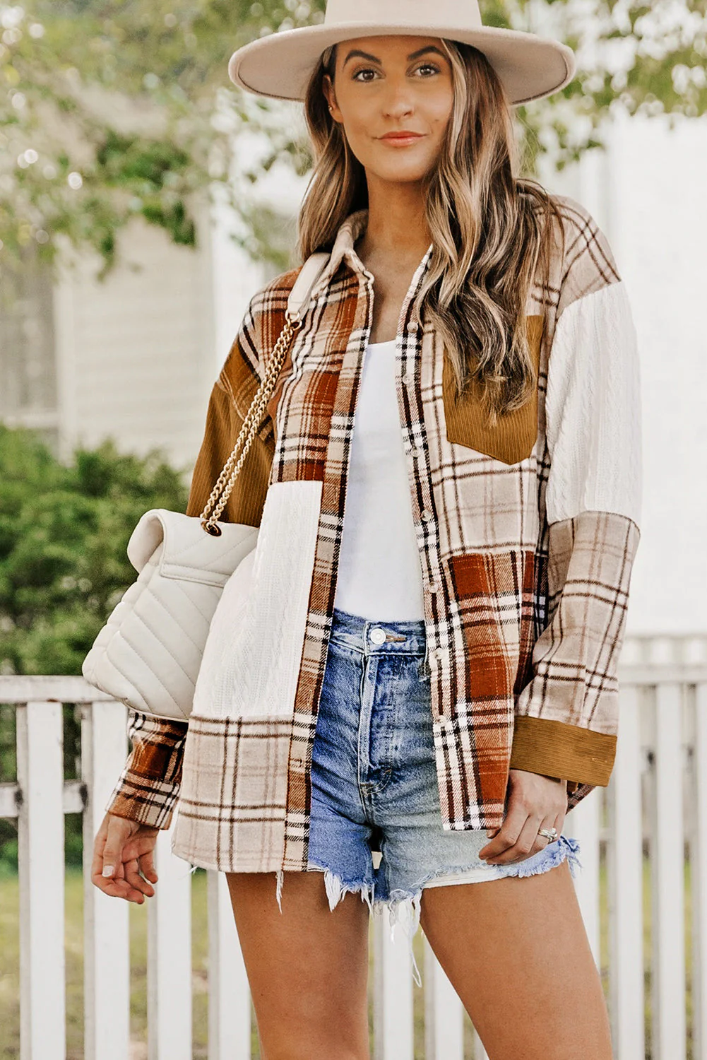 Threaded Pear Sutton Plaid Color Block Patchwork Shirt Jacket with Pocket - Image 4