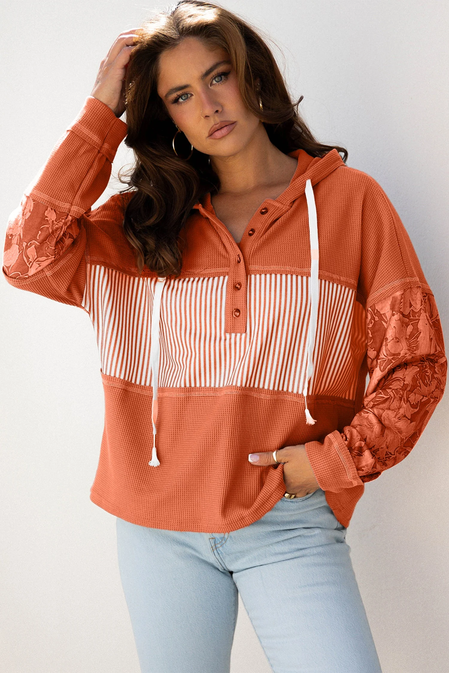 Threaded Pear Taytum Patchwork Drawstring Hooded Long Sleeve Top - Image 3