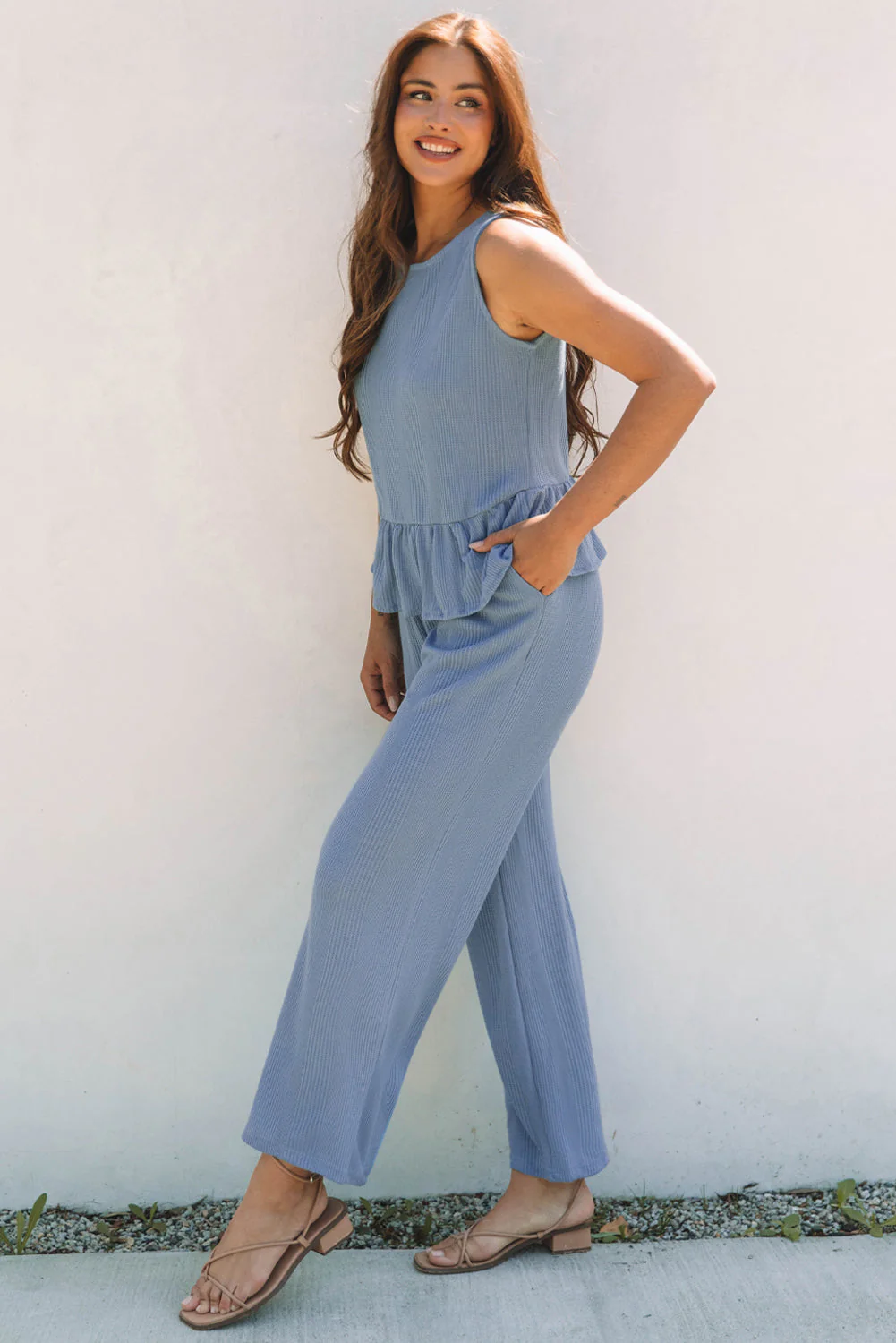 Threaded Pear Teresa Ribbed Ruffle Tank Top and Pants Set - Image 3