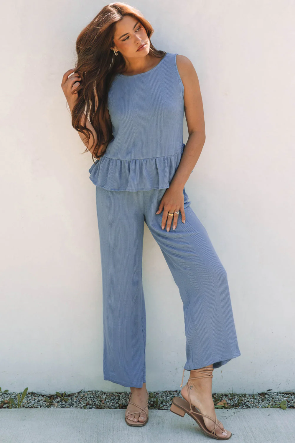 Threaded Pear Teresa Ribbed Ruffle Tank Top and Pants Set - Image 4