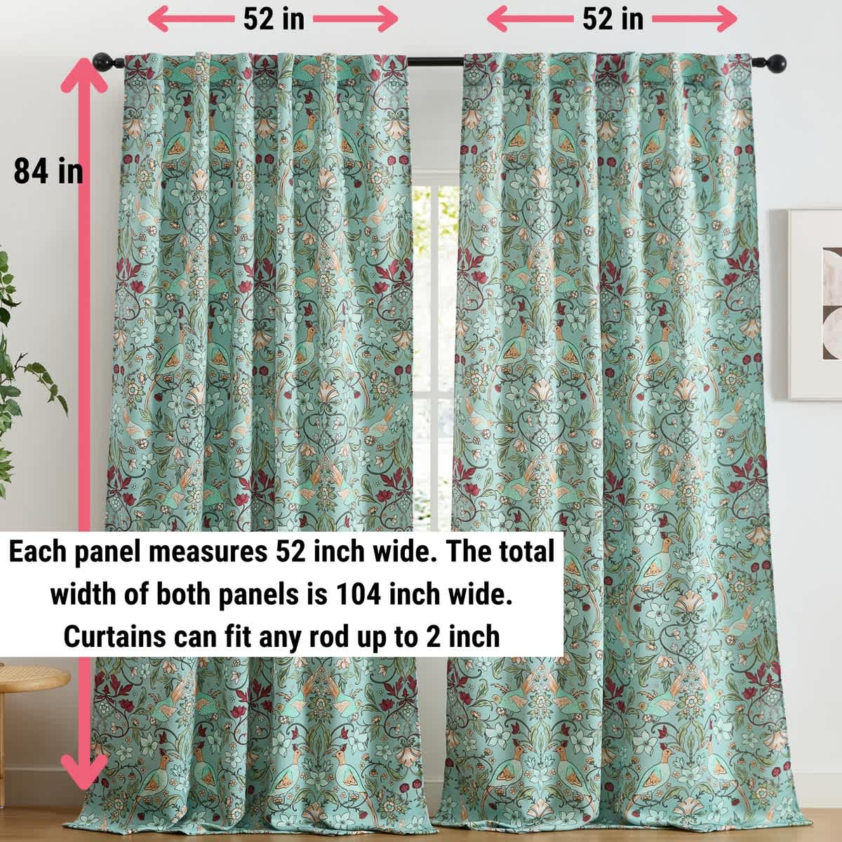 Thd Florencia Floral & Birds Patterned Window Back Tab Rod Pocket Curtains Bedroom - Light Blocking Darkening Window Panels, Set of 2 - Image 10