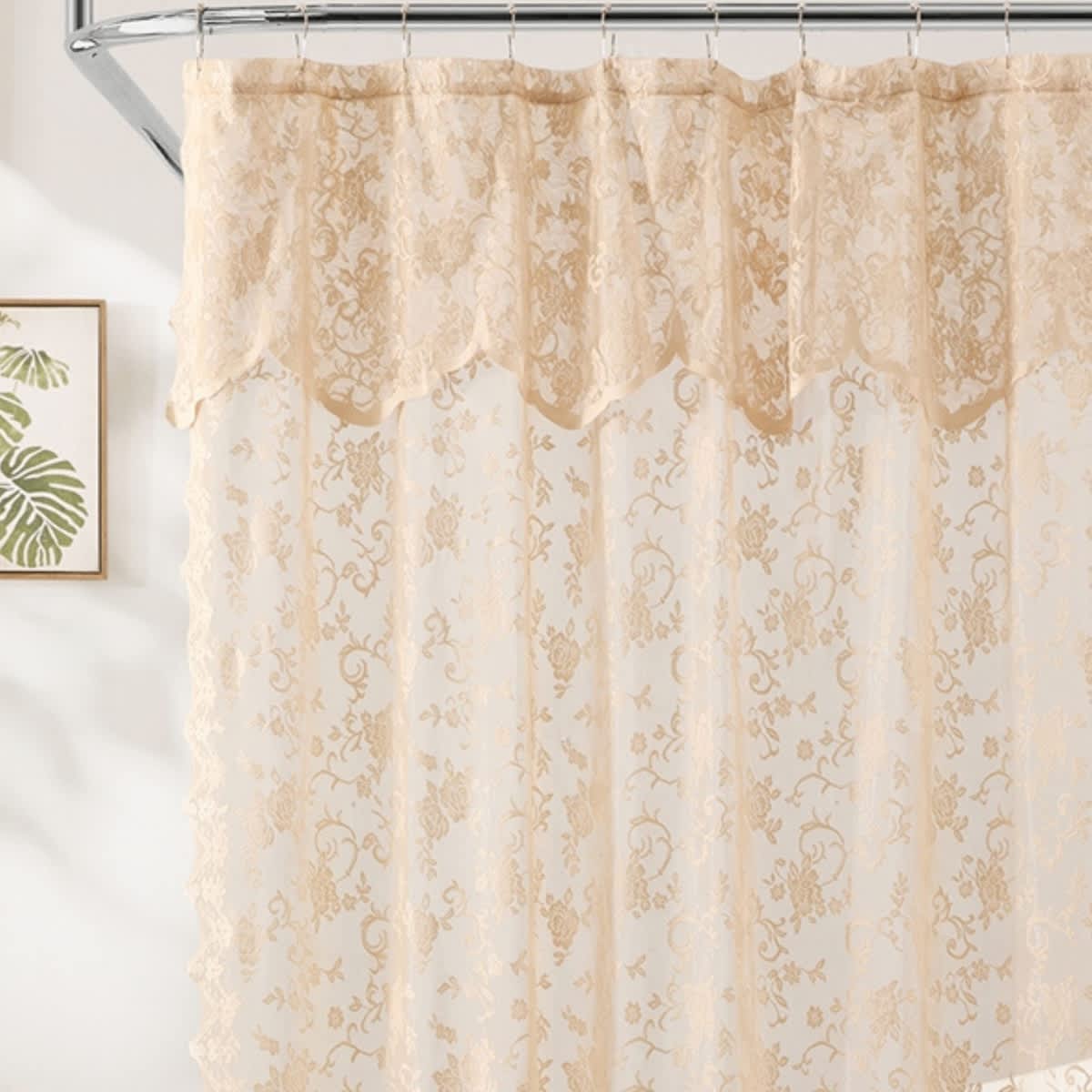 Thd Harpy Lace Bathroom Shower Curtain with Floral Vine Design and Attached Valance, Elegant Victorian Classic Style - Image 5