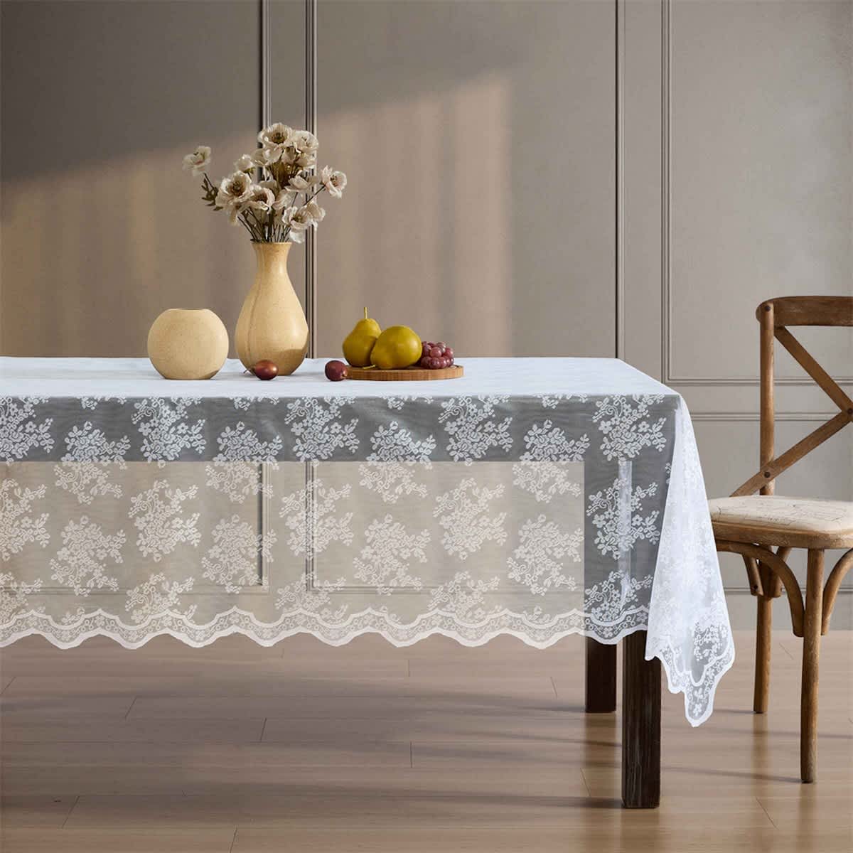 Thd Joelle Floral Lace Fabric Tablecloth, Lace Fabric Table Cloth for Rectangle or Round Tables, Wrinkle Resistant Tablecloth, Patterned Scalloped Tablecloth - Image 7