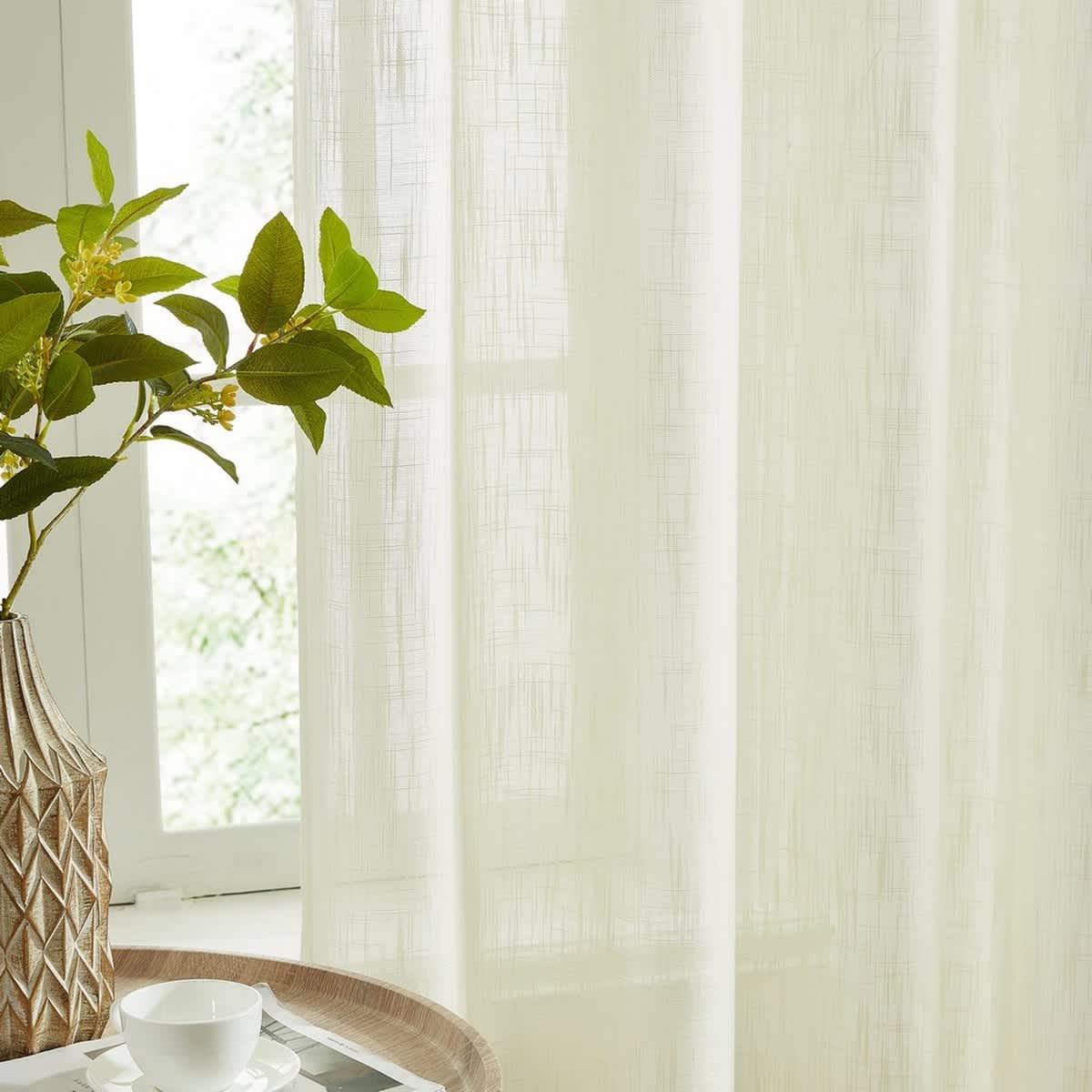 Thd Lynda Faux Linen Textured Semi Sheer Window Rod Pocket Thick Curtains Drapery Panels, Pair - Image 3