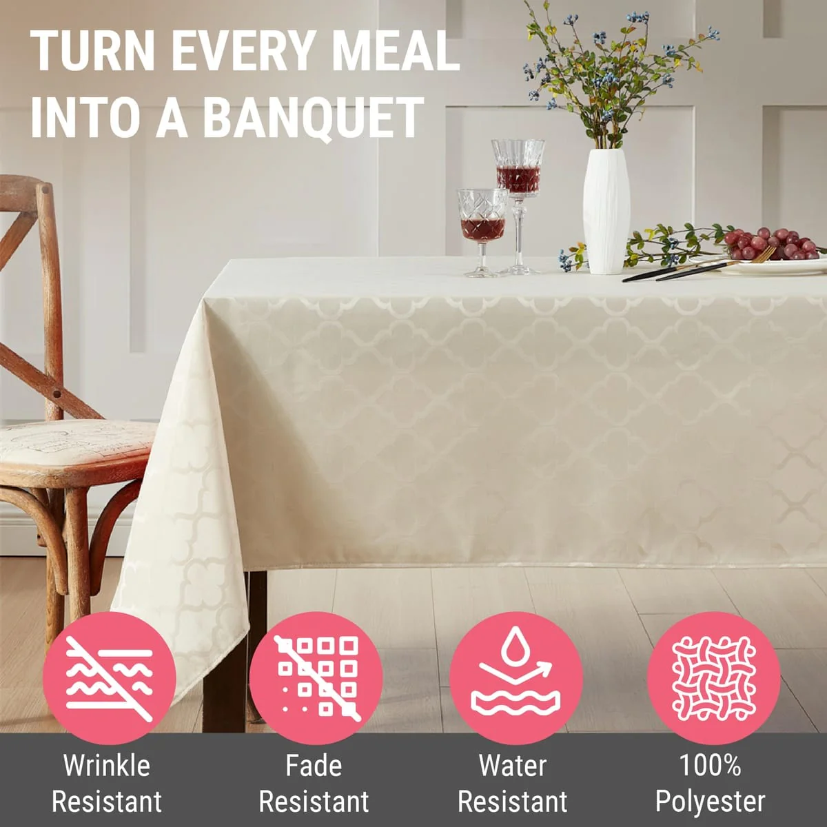 Thd Monie Geometric Lattice Fabric Tablecloth, Rectangle Table, Water, Wrinkle, & Stain Resistance - Image 3