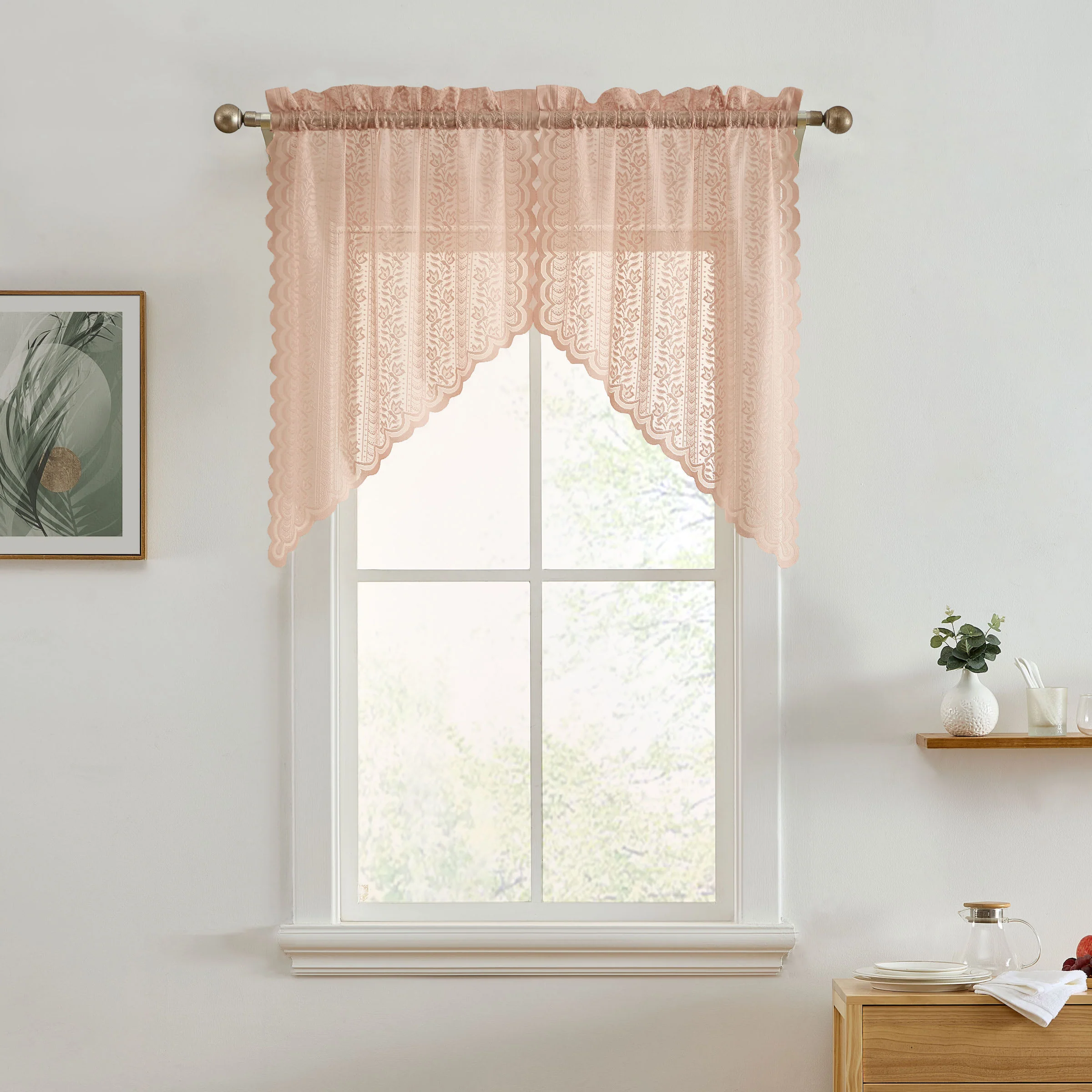 Thd Sofia Floral Rod Pocket Lace Semi Sheer Voile Short Cafe Tiers, Swag, or Valance for Small Windows - Image 15
