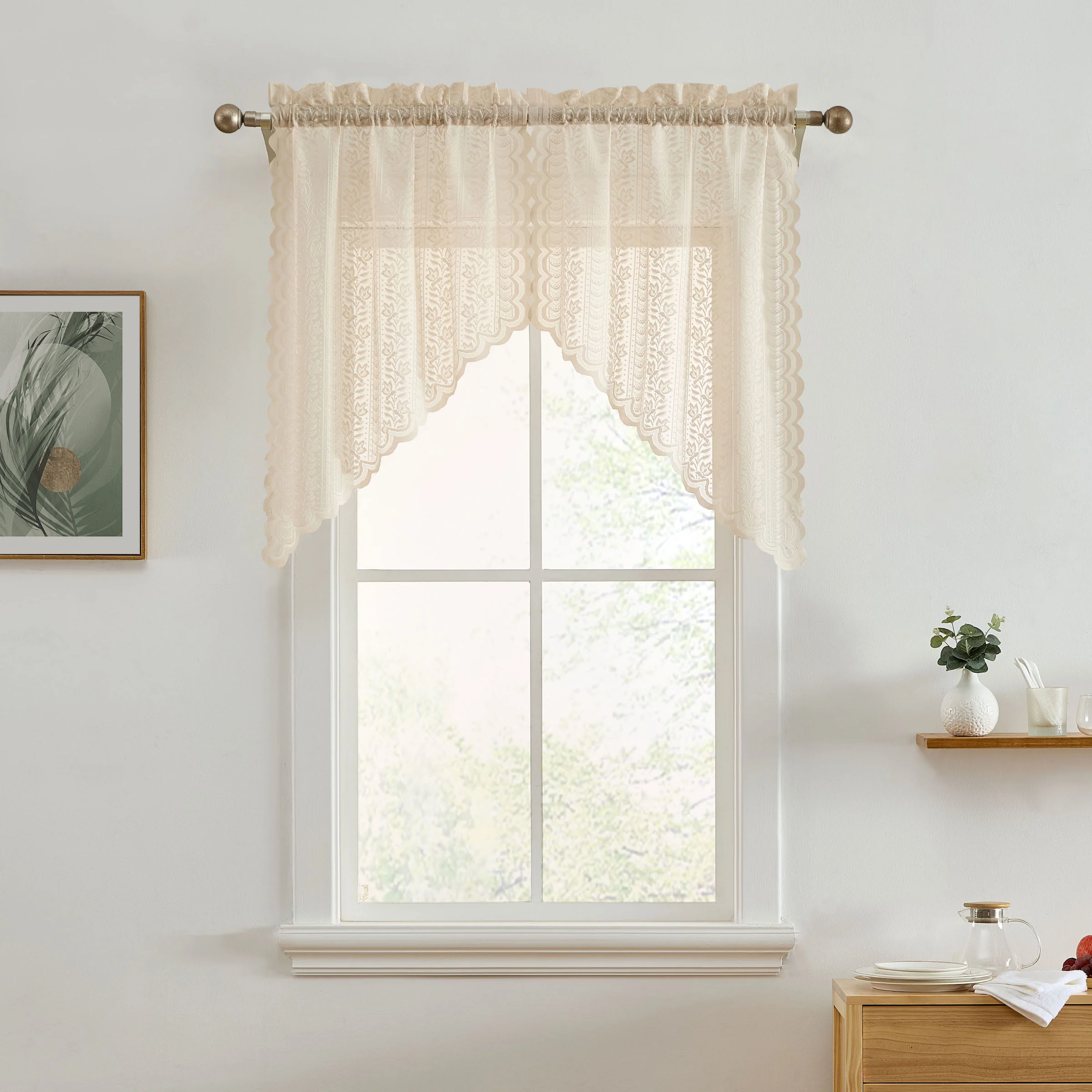 Thd Sofia Floral Rod Pocket Lace Semi Sheer Voile Short Cafe Tiers, Swag, or Valance for Small Windows - Image 21