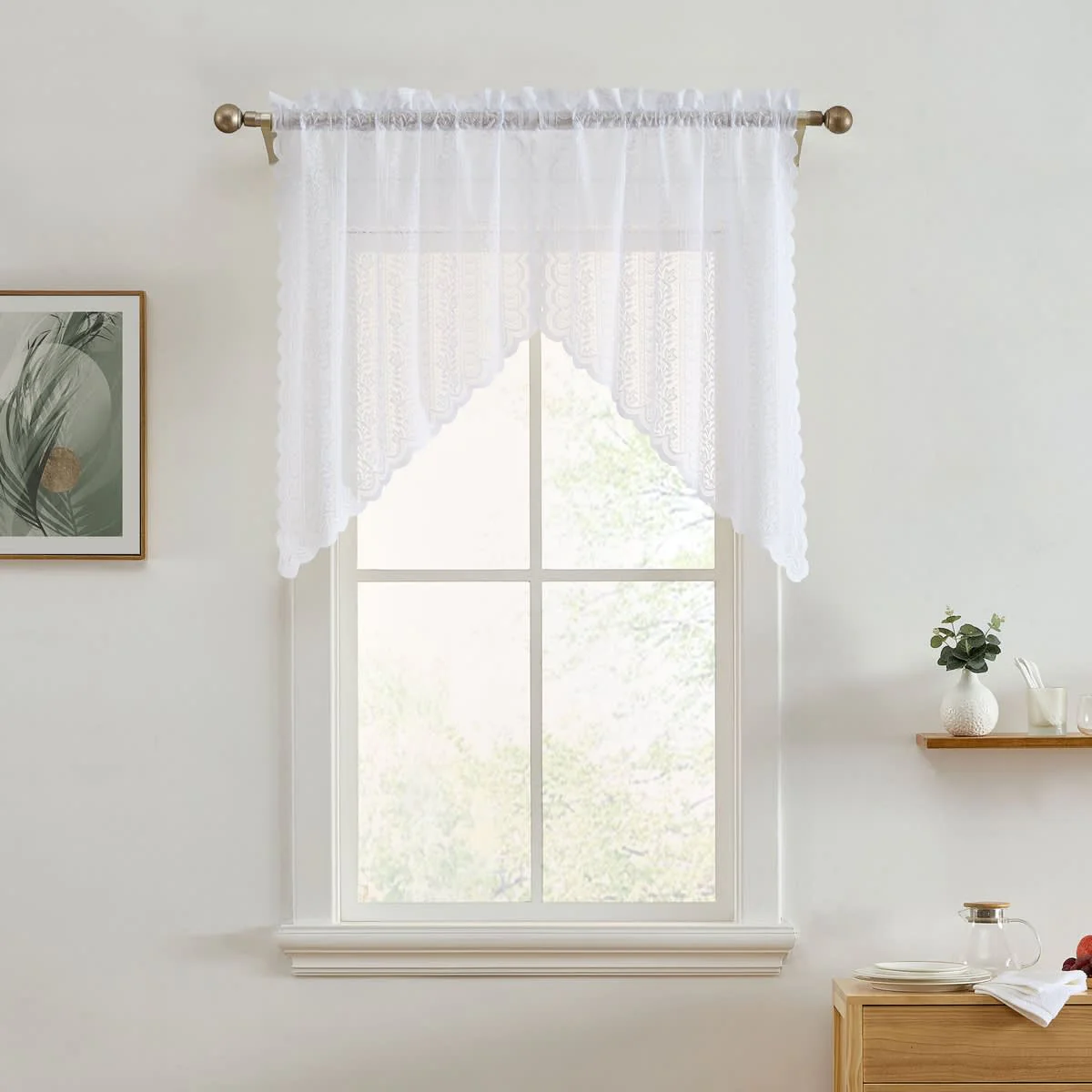 Thd Sofia Floral Rod Pocket Lace Semi Sheer Voile Short Cafe Tiers, Swag, or Valance for Small Windows - Image 27