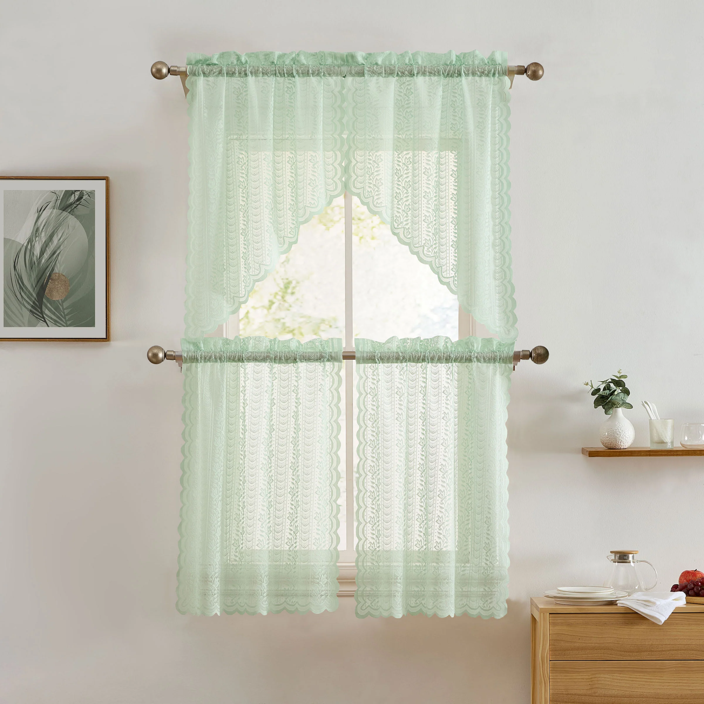 Thd Sofia Floral Rod Pocket Lace Semi Sheer Voile Short Cafe Tiers, Swag, or Valance for Small Windows - Image 5