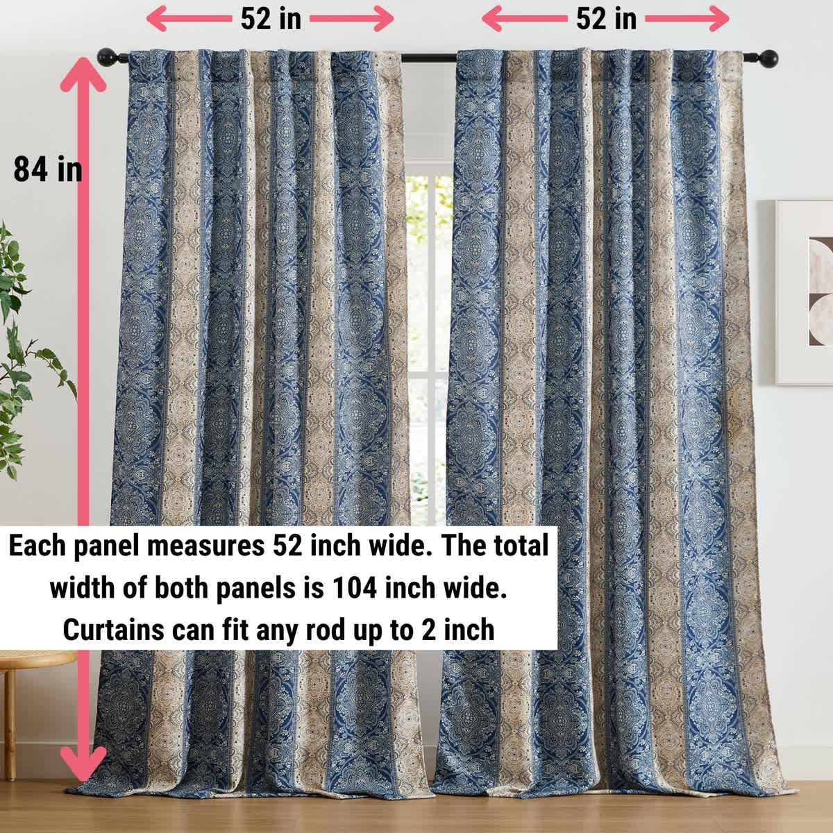 Thd Willy Boho Damask Striped Patterned Window Back Tab Rod Pocket Curtains Bedroom - Light Blocking Darkening Window Panels, Set of 2 - Image 10