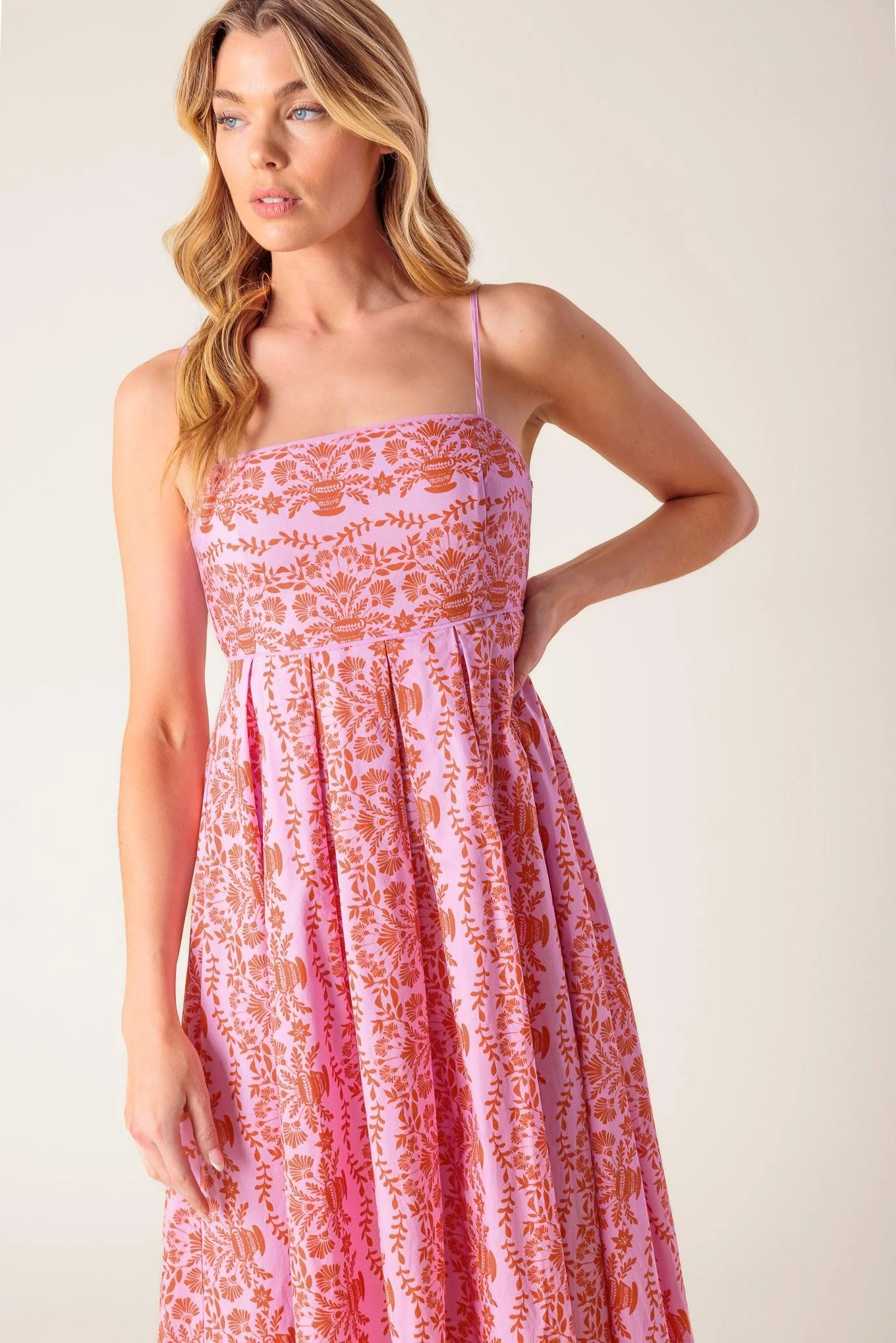 The Evette Pink Woven Midi Dress - Image 7