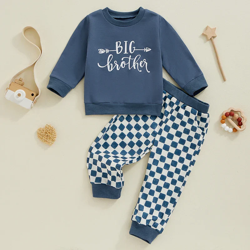 Toddler Kids Boys Girls 2Pcs Big Brother / Sister Letter Print Long Sleeve Top with Elastic Waist Checkered Print Pants Set Outfit - Image 2