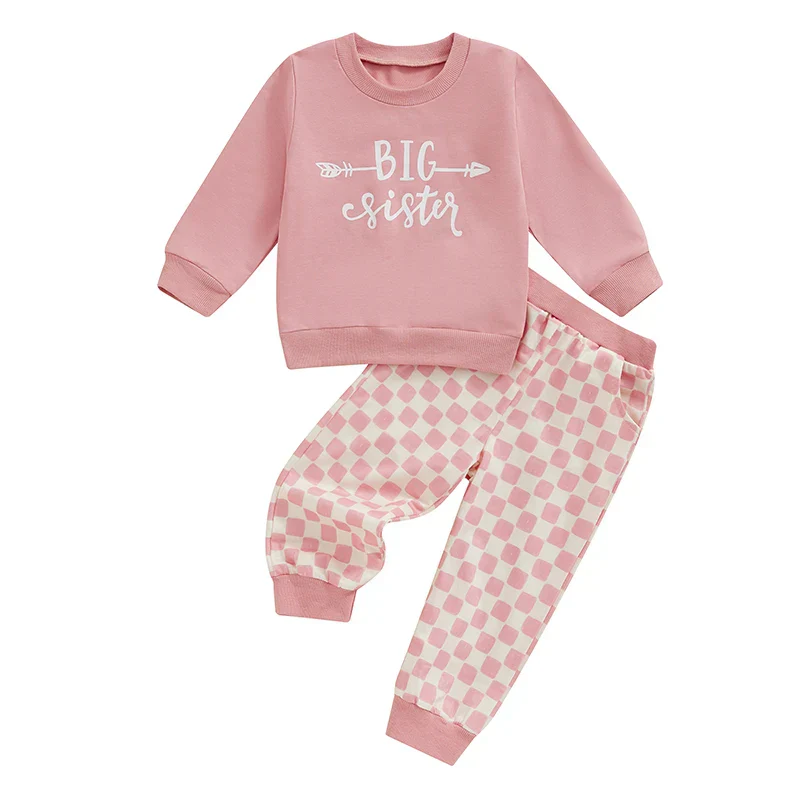 Toddler Kids Boys Girls 2Pcs Big Brother / Sister Letter Print Long Sleeve Top with Elastic Waist Checkered Print Pants Set Outfit - Image 7