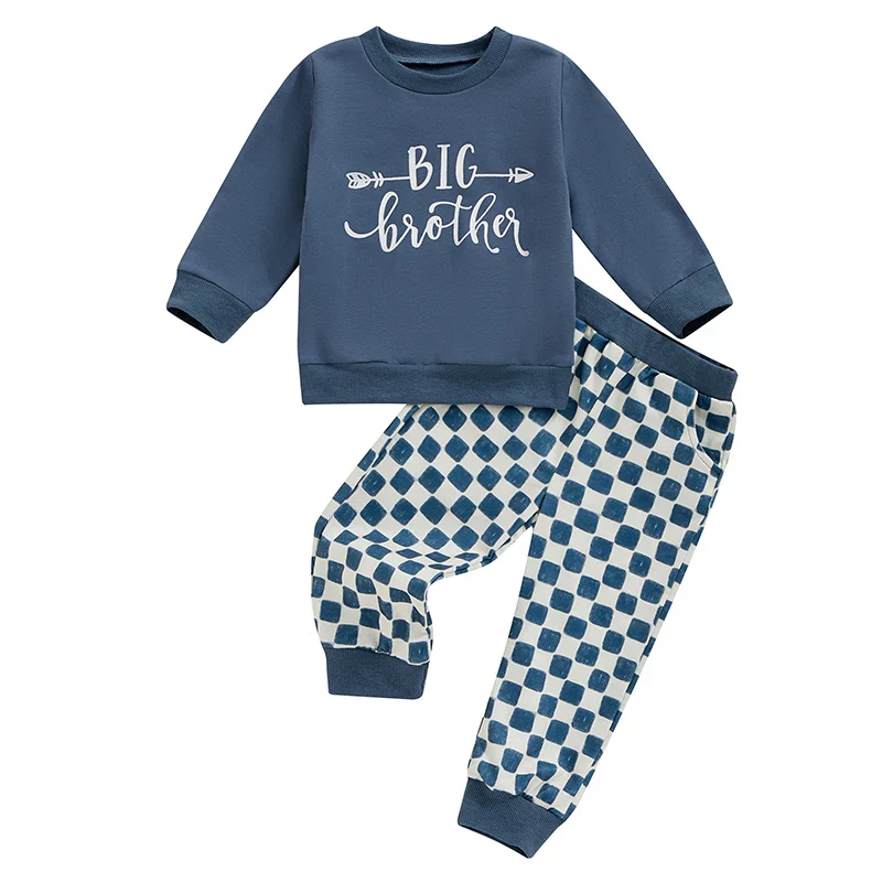 Toddler Kids Boys Girls 2Pcs Big Brother / Sister Letter Print Long Sleeve Top with Elastic Waist Checkered Print Pants Set Outfit - Image 8