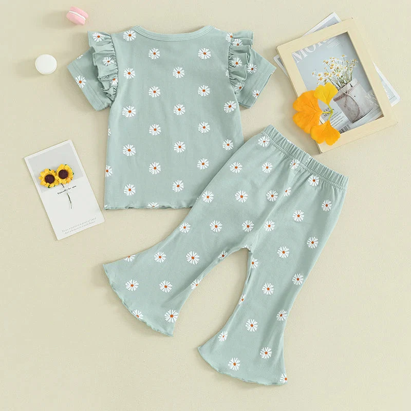 Toddler Kids Girl 2Pcs Summer Outfit Ruffle Short Sleeve Floral Flowers Print Top + Bell Bottom Pants Set Clothes - Image 5