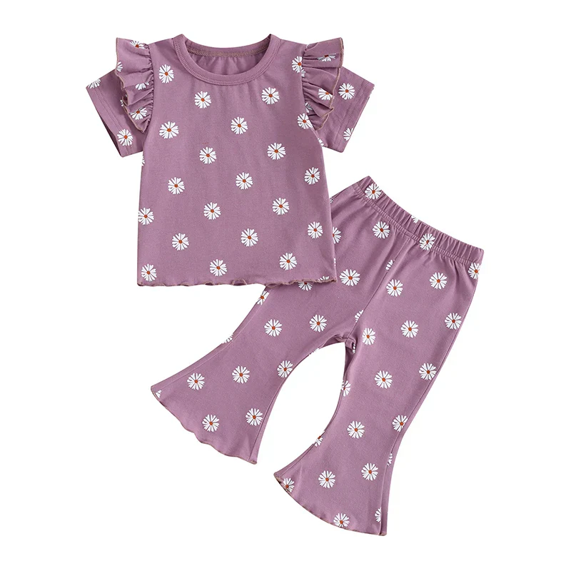 Toddler Kids Girl 2Pcs Summer Outfit Ruffle Short Sleeve Floral Flowers Print Top + Bell Bottom Pants Set Clothes - Image 9