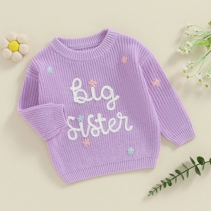 Toddler Kids Girl Big Sister Sweater Cute Long Sleeve Letter Embroidery Knit Pullover Loose Top - Image 2
