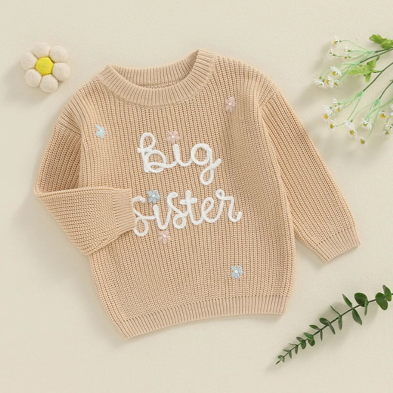 Toddler Kids Girl Big Sister Sweater Cute Long Sleeve Letter Embroidery Knit Pullover Loose Top - Image 20