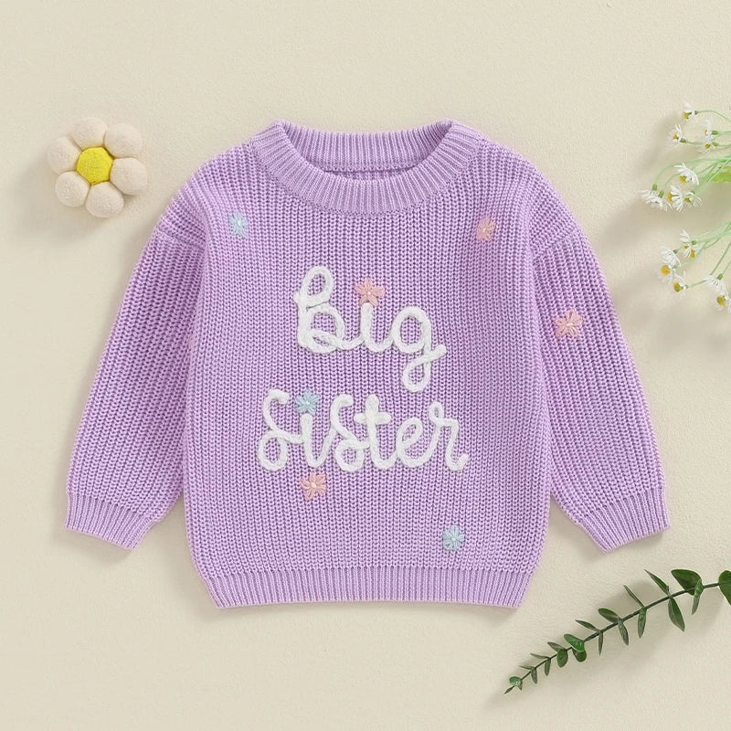 Toddler Kids Girl Big Sister Sweater Cute Long Sleeve Letter Embroidery Knit Pullover Loose Top - Image 32